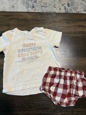 Rylee + Cru Cream Graphic Tee with Red Plaid Bloomers